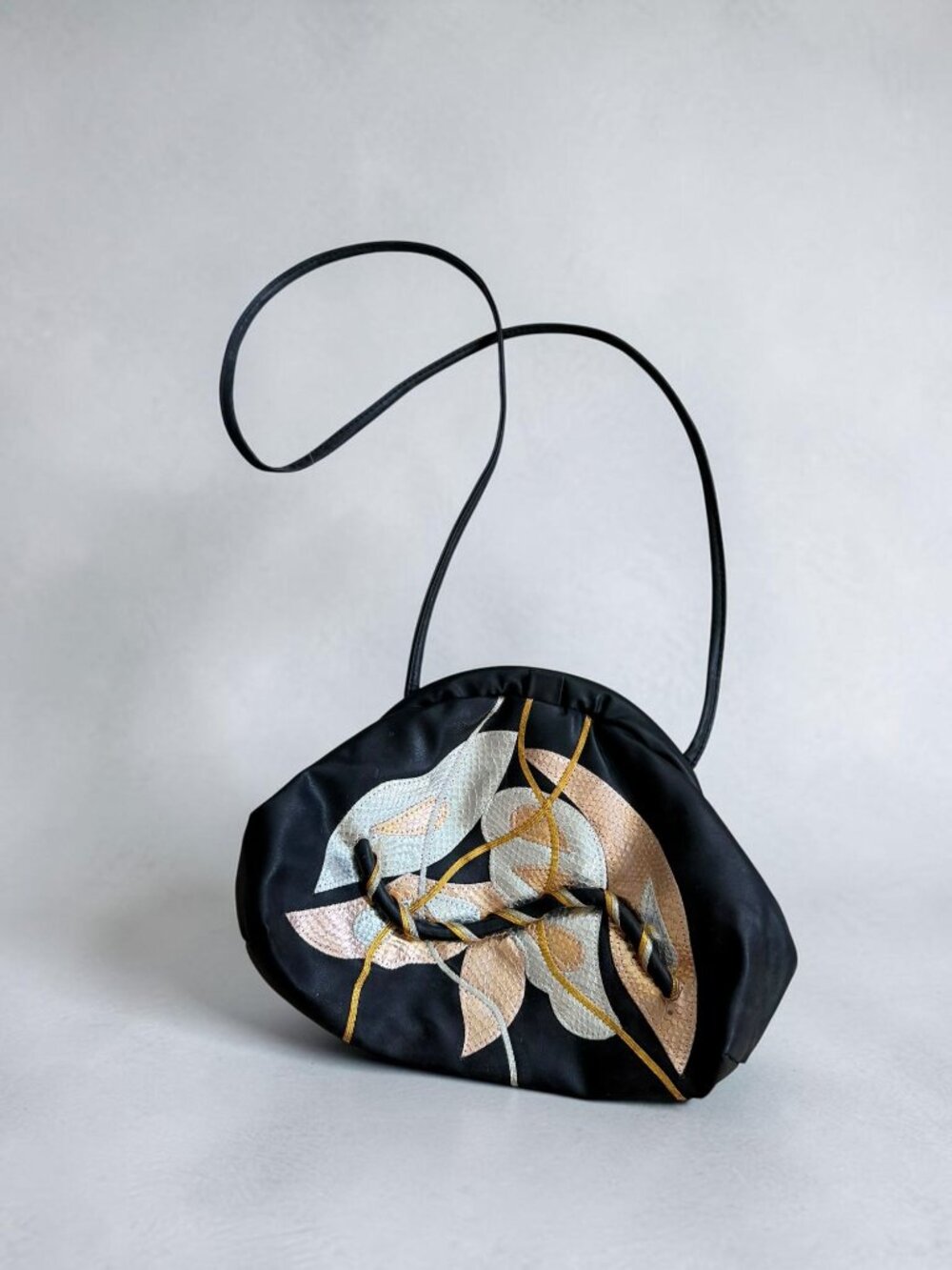 ELKA Vintage Floral Black Clamshell Crossbody Bag